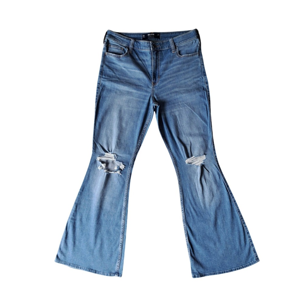 Hollister High-Rise Flare Jeans Medium‎ Wash Distressed Ripped Knee 12R W31R